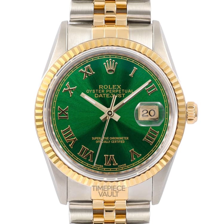 Rolex Datejust 16233 Gold Steel 36Mm Watch Green Roman Dial 18K